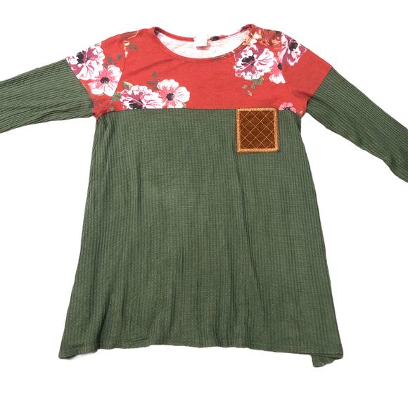 Now N Forever (M) Floral Colorblock Waffle Knit 3/4 Sleeve Top Suede Pocket - Picture 8 of 11